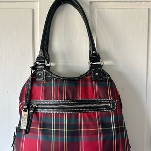 Classic Red Plaid Tote Handbag with Black Trim